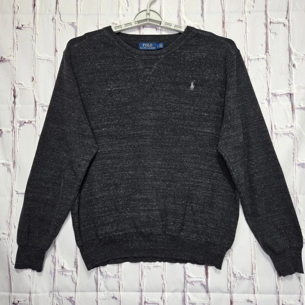 Polo Ralph Lauren Mens Charcoal‎ Gray Heathered Cotton Crewneck Sweater Large LG